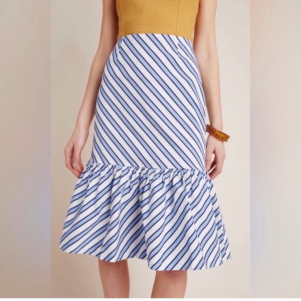 Maeve Blue and White Diagonal Stripe Ruffle-Hem Midi Skirt